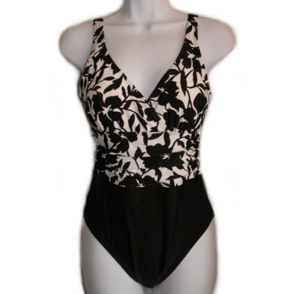 BODY ID Black White Floral 1 Piece Swimsuit - Sz 8 - NEW